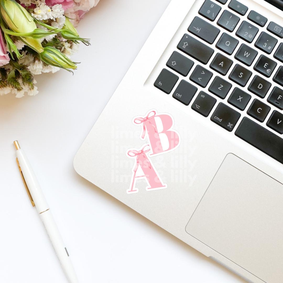 Custom Monogram Initial Letter Coquette Pink Bow Vinyl Sticker | Girly Sticker | Kindle Stickers | Cute Stickers | Water Bottle Sticker |
