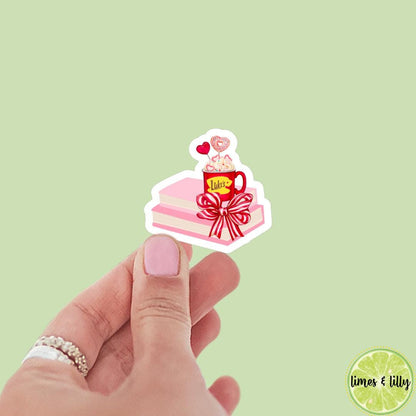 Luke’s Diner Coffee Cup Valentine’s Day Book Stack Coquette Vinyl Sticker | Gilmore Girls Vinyl Sticker | TV Show Inspired | Kindle Stickers