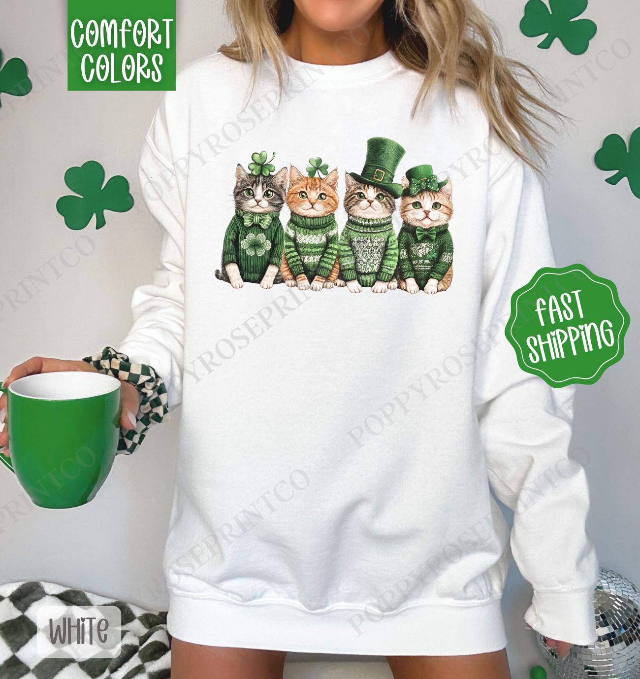 Cute St Patricks Cats Sweatshirt, Happy Go Lucky tee, Lucky Cats Sweatshirt, Cat Lover Sweater, St Patricks Cat Gift, Cat Mom Shirt