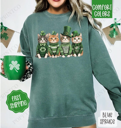 Cute St Patricks Cats Sweatshirt, Happy Go Lucky tee, Lucky Cats Sweatshirt, Cat Lover Sweater, St Patricks Cat Gift, Cat Mom Shirt