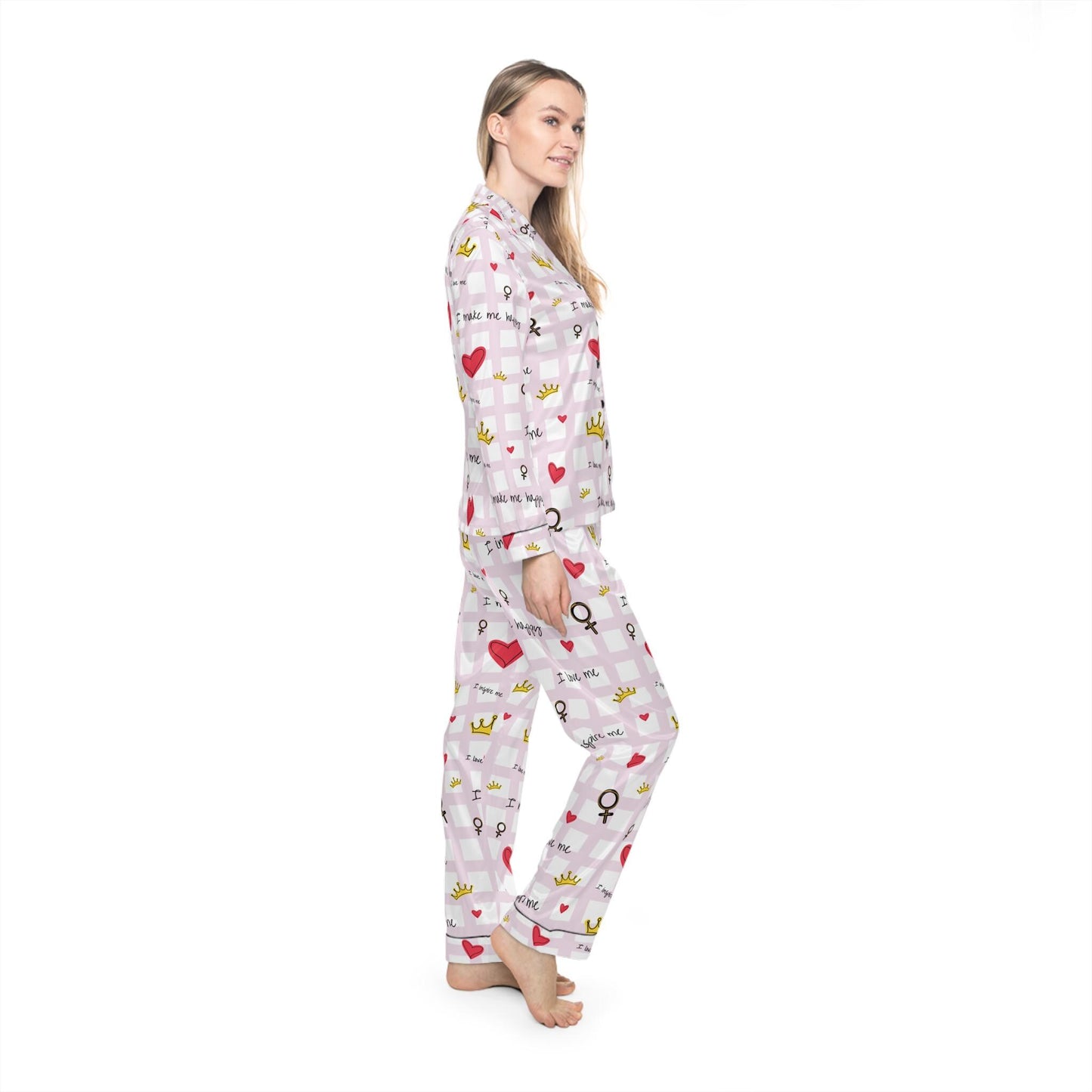 Cozy Hearts & Crowns Satin Pajamas - Women's Sleepwear Set, Cute Printed PJ's, Gift for Her, Lounge Wear, Nightwear