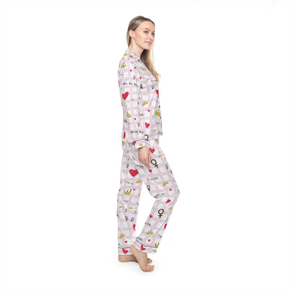 Cozy Hearts & Crowns Satin Pajamas - Women's Sleepwear Set, Cute Printed PJ's, Gift for Her, Lounge Wear, Nightwear