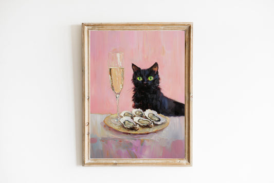 Black Cat with Champagne and Oysters Art Print | Cute Quirky Whimsical | Cocktail Art Bar Cart Decor | Fine Art Print Gift | Funny Cat Art