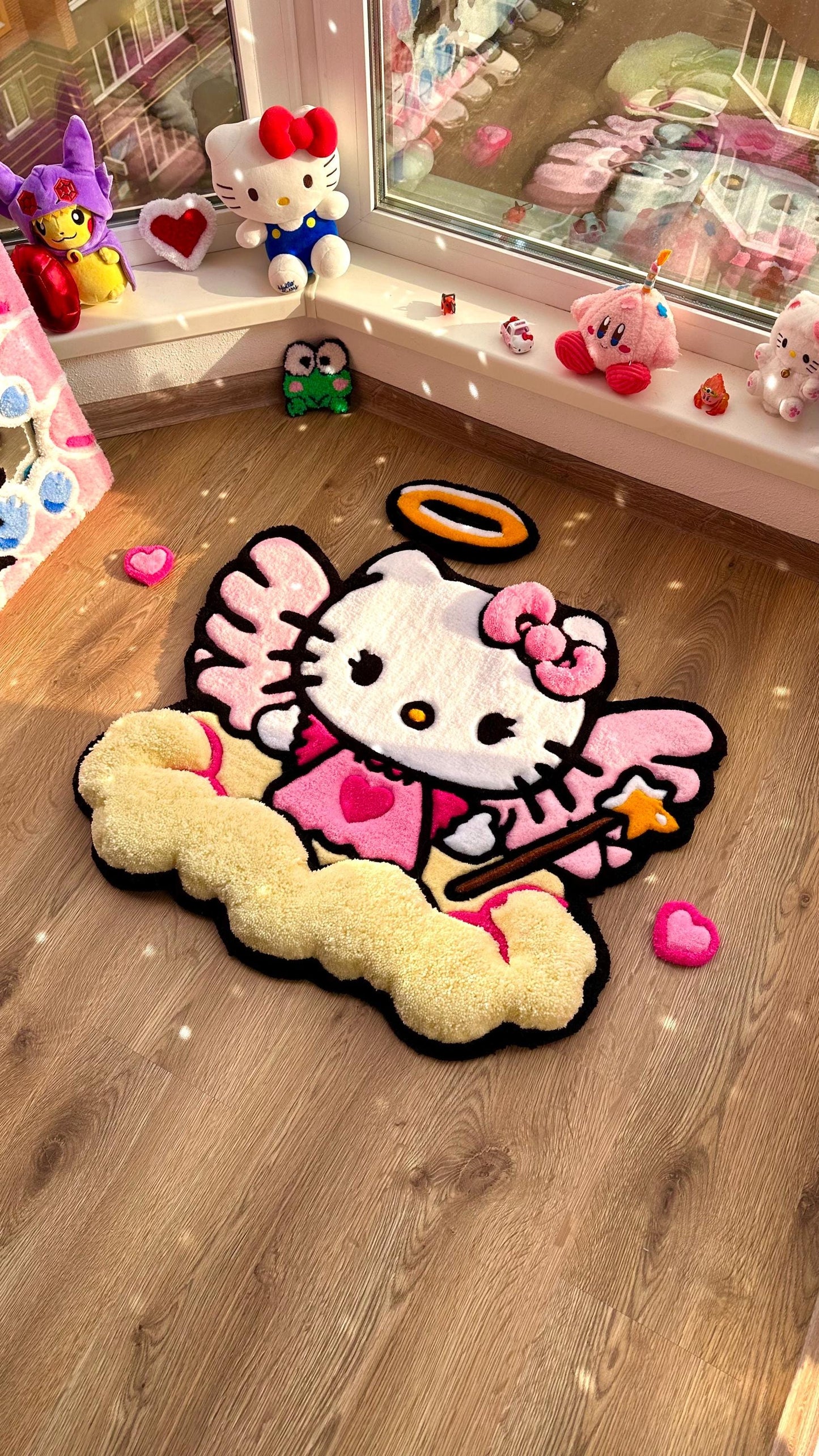 Hello Angel Wings Rug – Custom Puffy Tufted Fluffy Carpet, Handmade Cute Cloud Rug, Decor for Girls Room or Kawaii Gift Idea