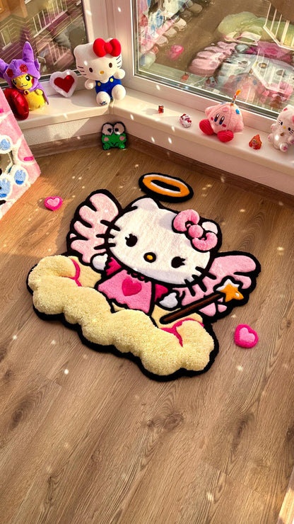 Hello Angel Wings Rug – Custom Puffy Tufted Fluffy Carpet, Handmade Cute Cloud Rug, Decor for Girls Room or Kawaii Gift Idea