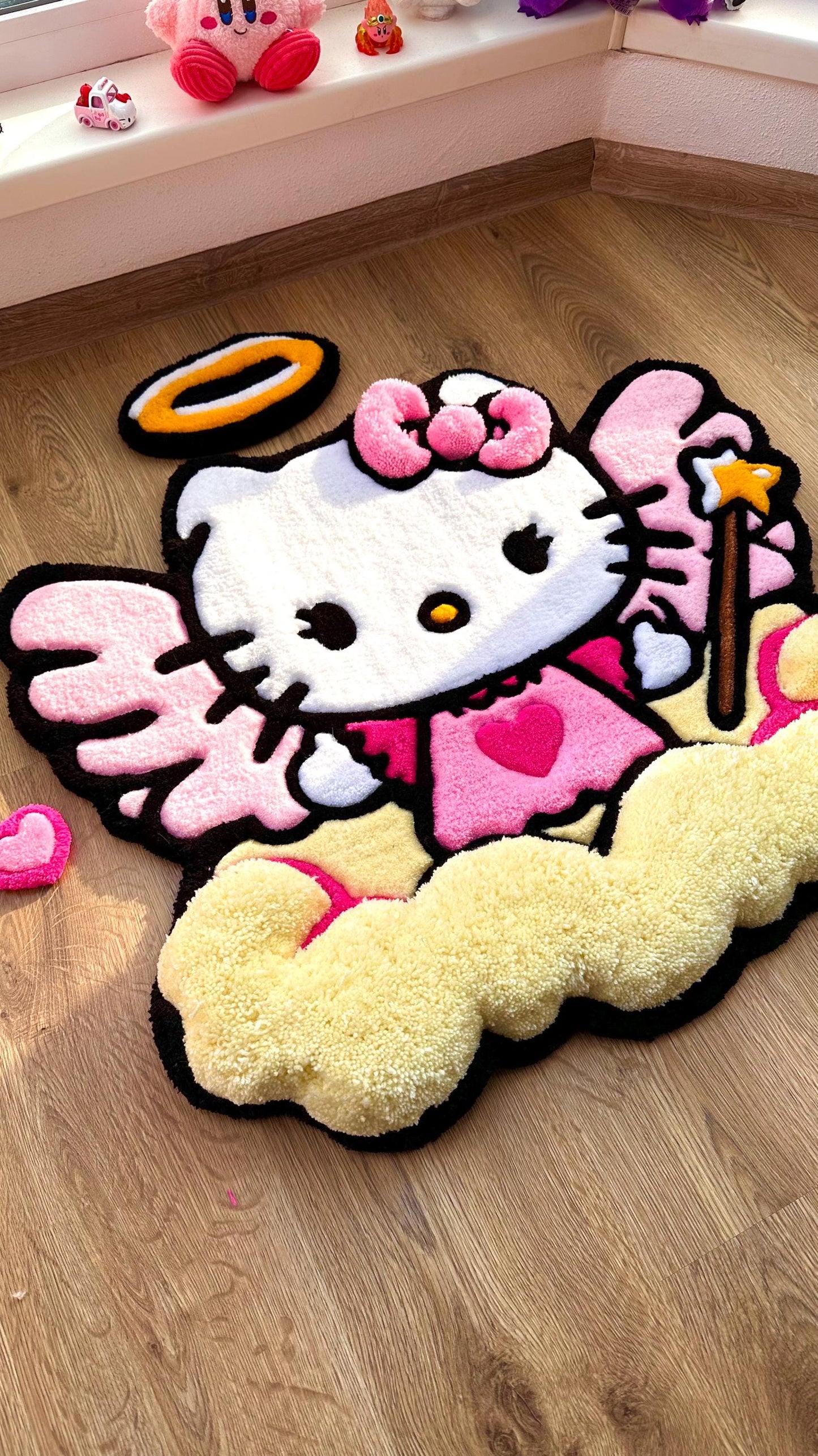 Hello Angel Wings Rug – Custom Puffy Tufted Fluffy Carpet, Handmade Cute Cloud Rug, Decor for Girls Room or Kawaii Gift Idea