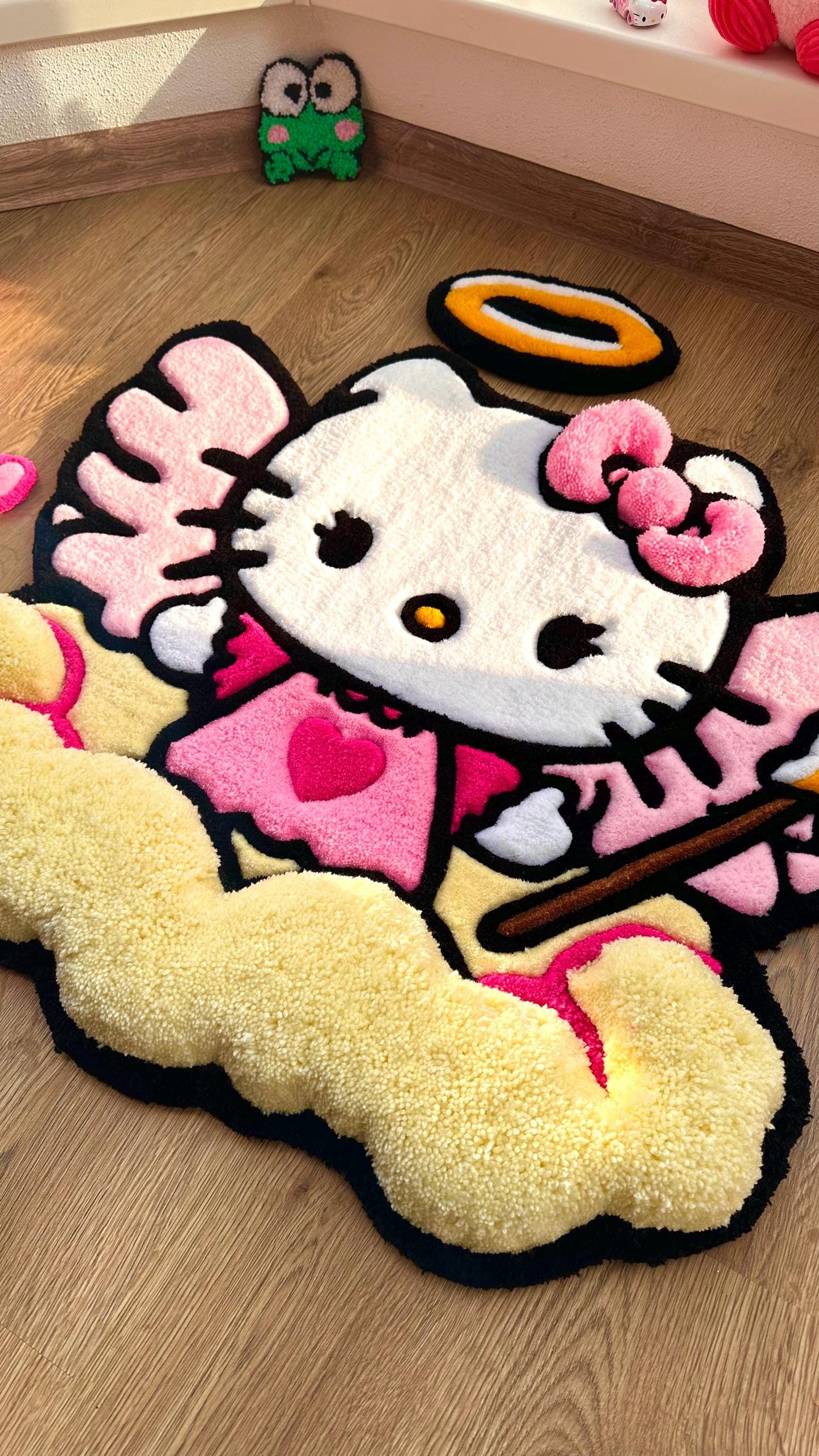 Hello Angel Wings Rug – Custom Puffy Tufted Fluffy Carpet, Handmade Cute Cloud Rug, Decor for Girls Room or Kawaii Gift Idea