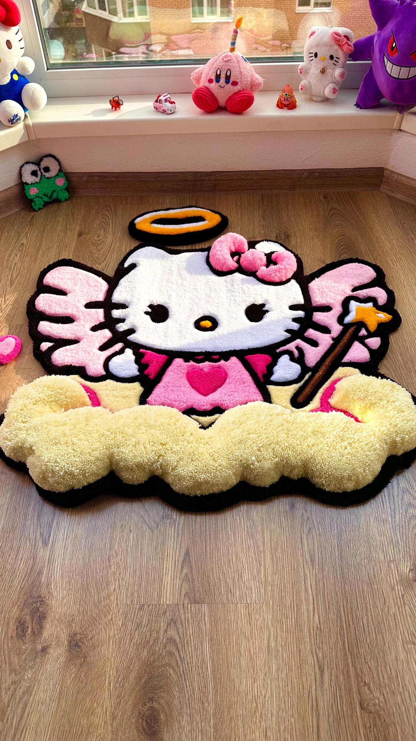 Hello Angel Wings Rug – Custom Puffy Tufted Fluffy Carpet, Handmade Cute Cloud Rug, Decor for Girls Room or Kawaii Gift Idea