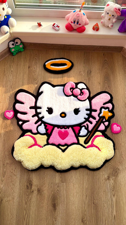 Hello Angel Wings Rug – Custom Puffy Tufted Fluffy Carpet, Handmade Cute Cloud Rug, Decor for Girls Room or Kawaii Gift Idea