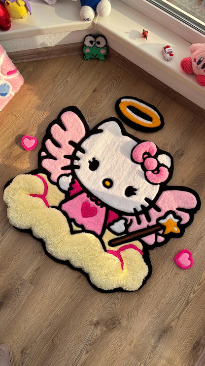 Hello Angel Wings Rug – Custom Puffy Tufted Fluffy Carpet, Handmade Cute Cloud Rug, Decor for Girls Room or Kawaii Gift Idea