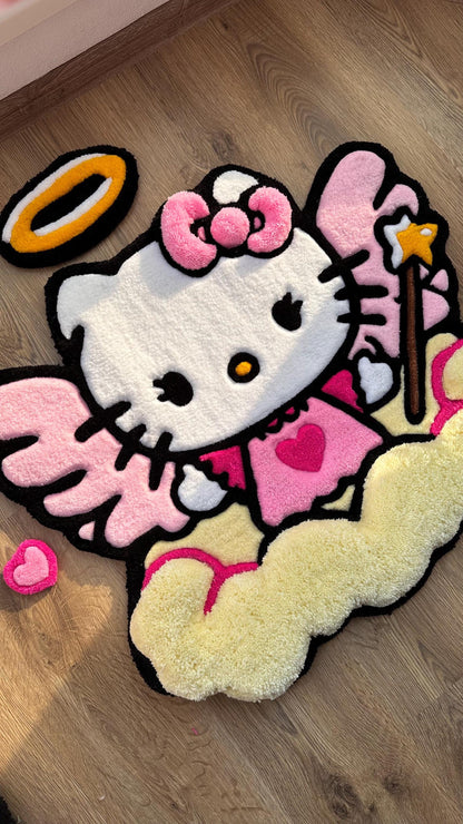 Hello Angel Wings Rug – Custom Puffy Tufted Fluffy Carpet, Handmade Cute Cloud Rug, Decor for Girls Room or Kawaii Gift Idea