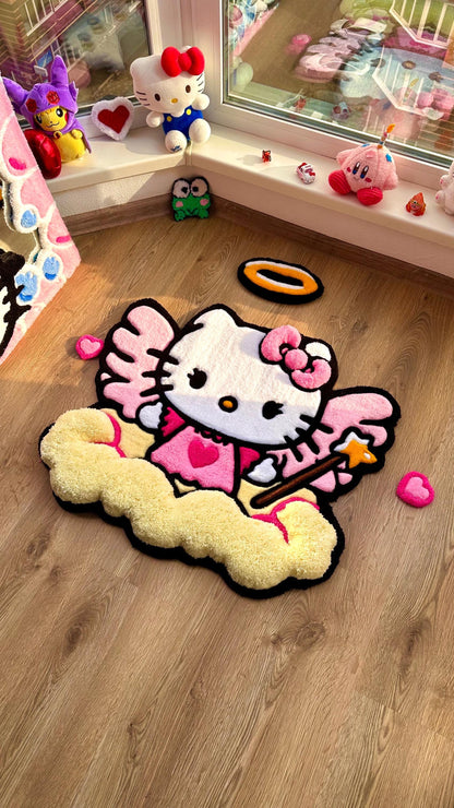 Hello Angel Wings Rug – Custom Puffy Tufted Fluffy Carpet, Handmade Cute Cloud Rug, Decor for Girls Room or Kawaii Gift Idea