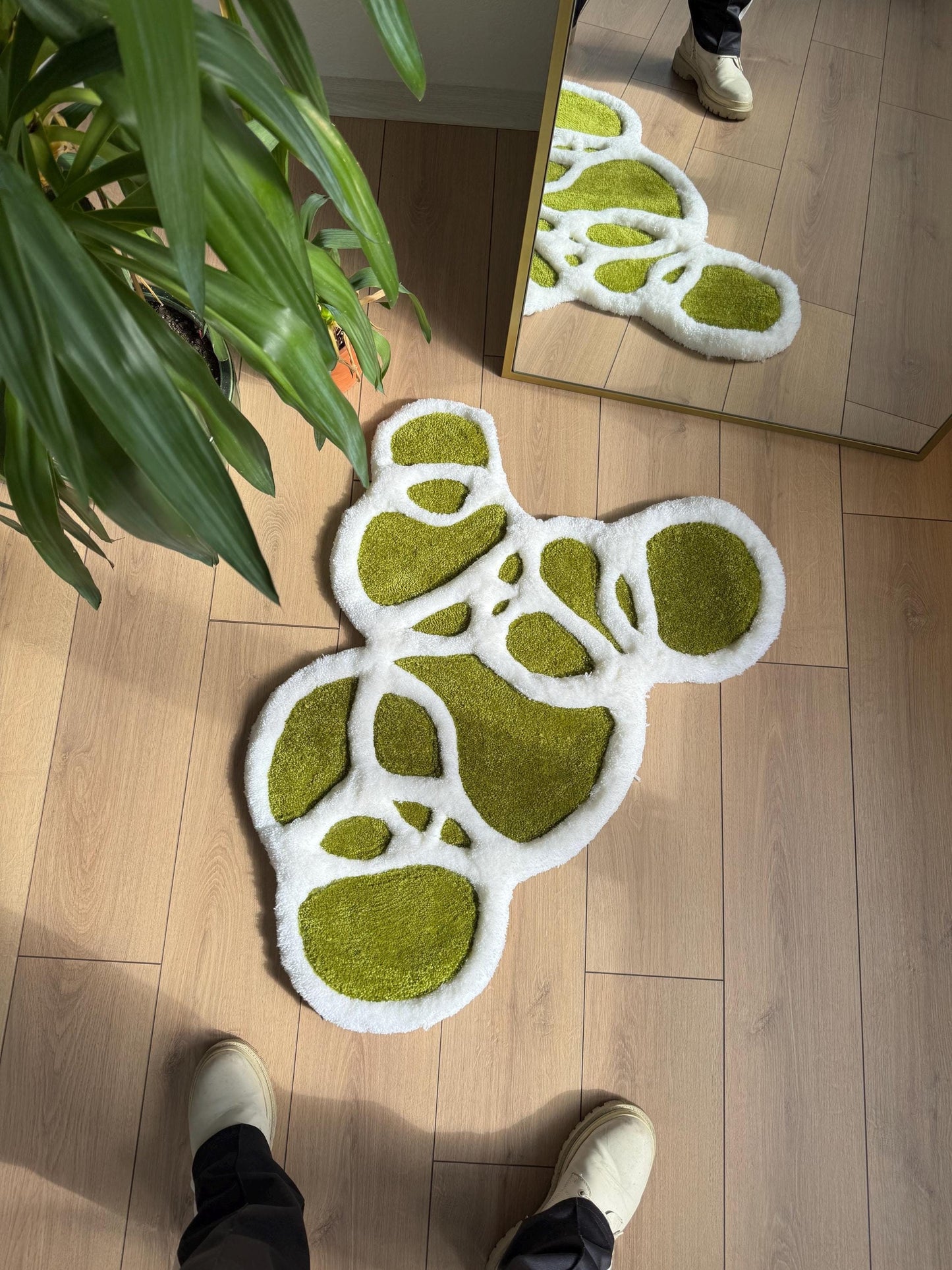 Green Wave Rug - Ocean-Inspired Handmade Carpet with Bubbles and Flowing Water Design