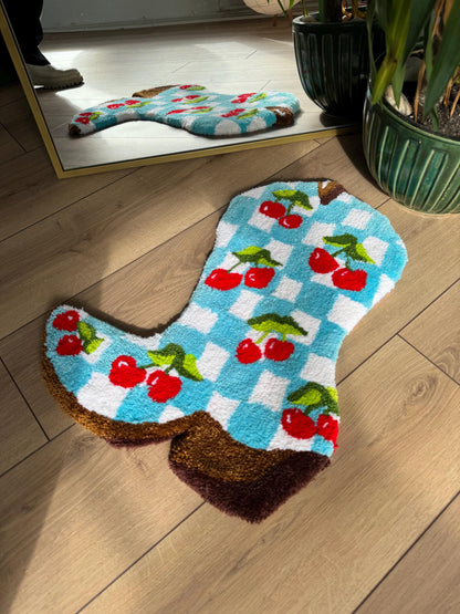 Checkered Cherry Cowboy Boots Tufted Rug - Western Home Decor, Boho Area Rug, Rustic Cowboy Style, Farmhouse Floor Mat, Unique Gift