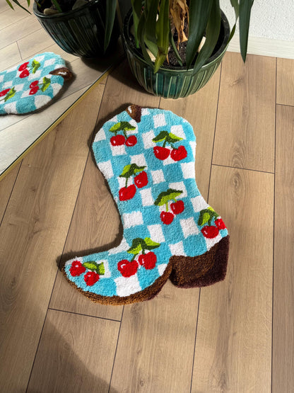 Checkered Cherry Cowboy Boots Tufted Rug - Western Home Decor, Boho Area Rug, Rustic Cowboy Style, Farmhouse Floor Mat, Unique Gift