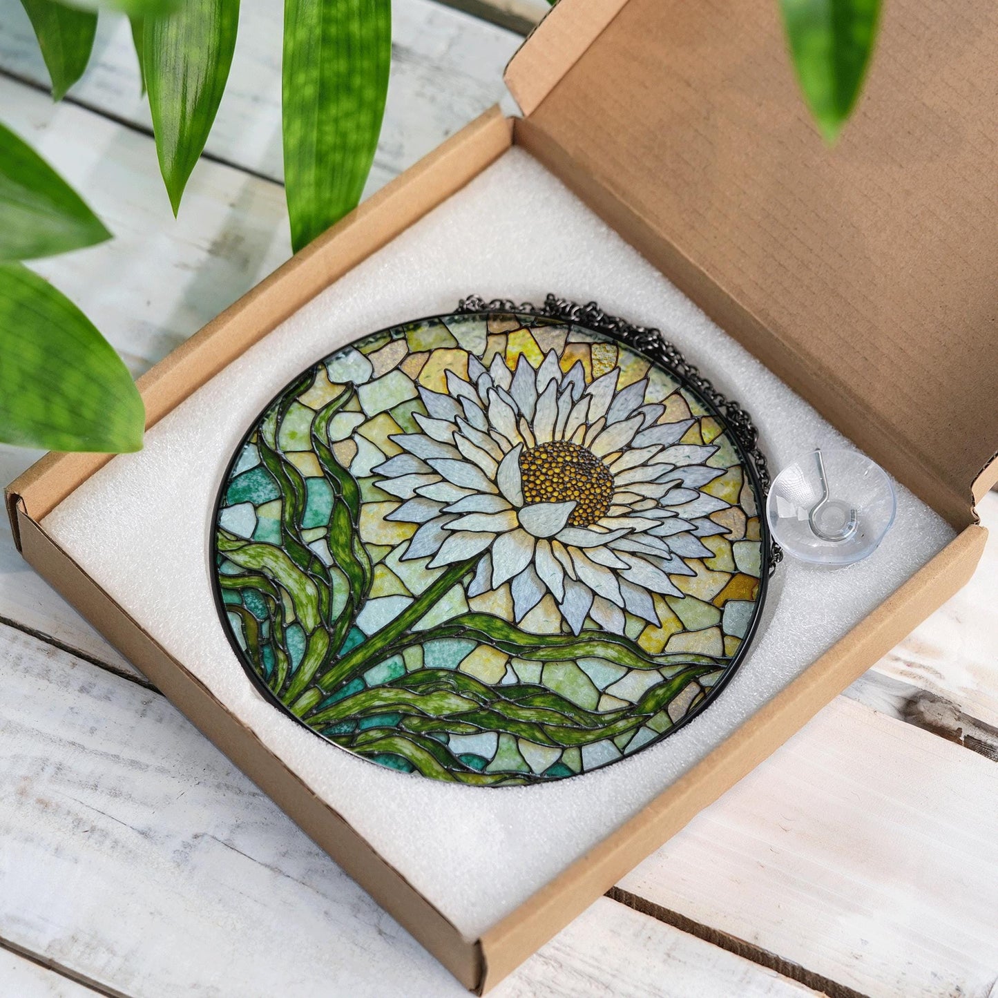 White Flower Stained Glass Suncatcher Window Decor Gift for Mom Grandma