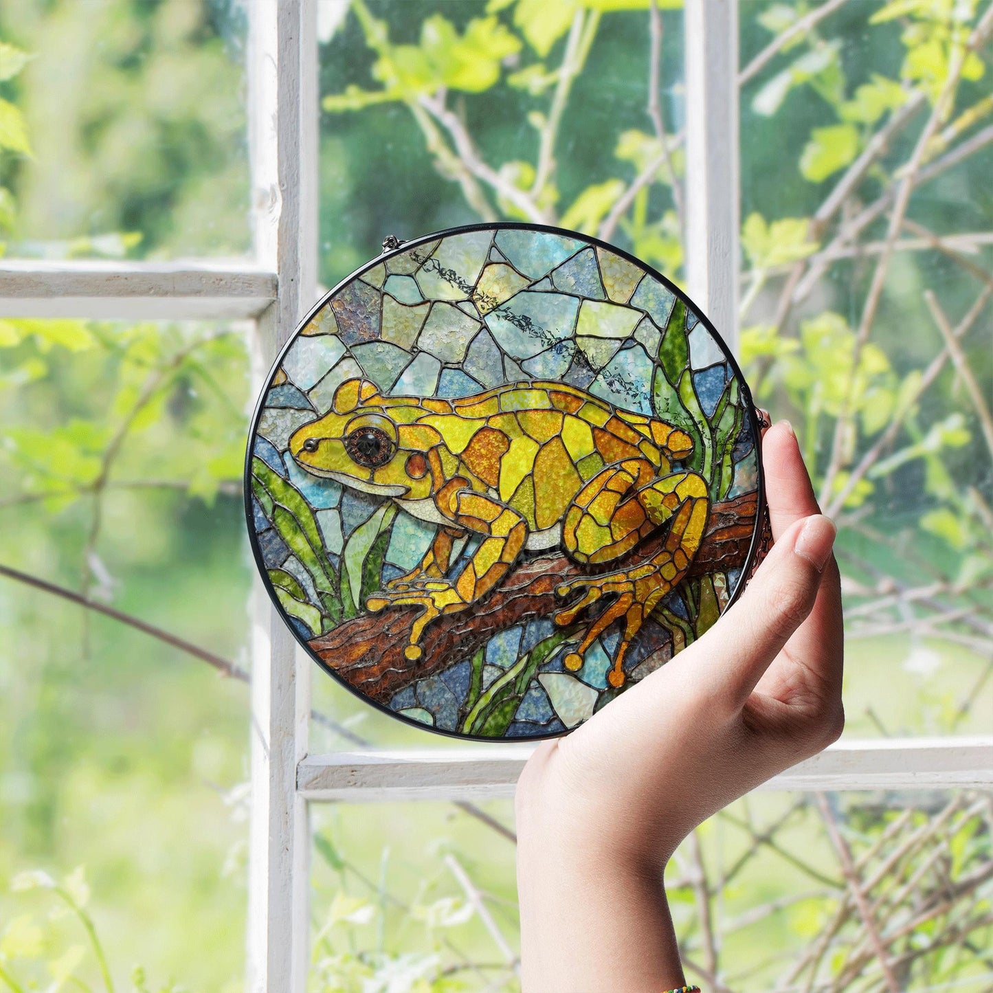 Yellow Frog Stained Glass Suncatcher Window Hanging Gift for Nature Lovers