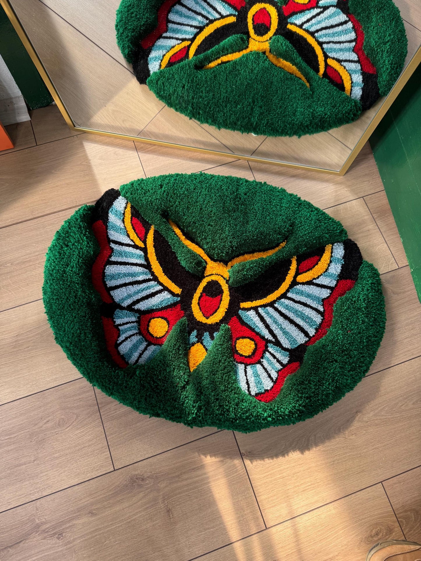 Oldschool Butterfly 3D Fluffy Handmade Tufted Rug, Fluffy Home Decor, Home Decor, Tufted Wall Hangings, Butterfly Decor, Green Rugs