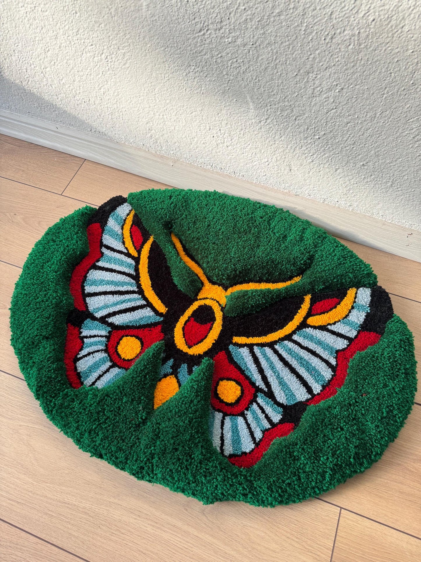 Oldschool Butterfly 3D Fluffy Handmade Tufted Rug, Fluffy Home Decor, Home Decor, Tufted Wall Hangings, Butterfly Decor, Green Rugs