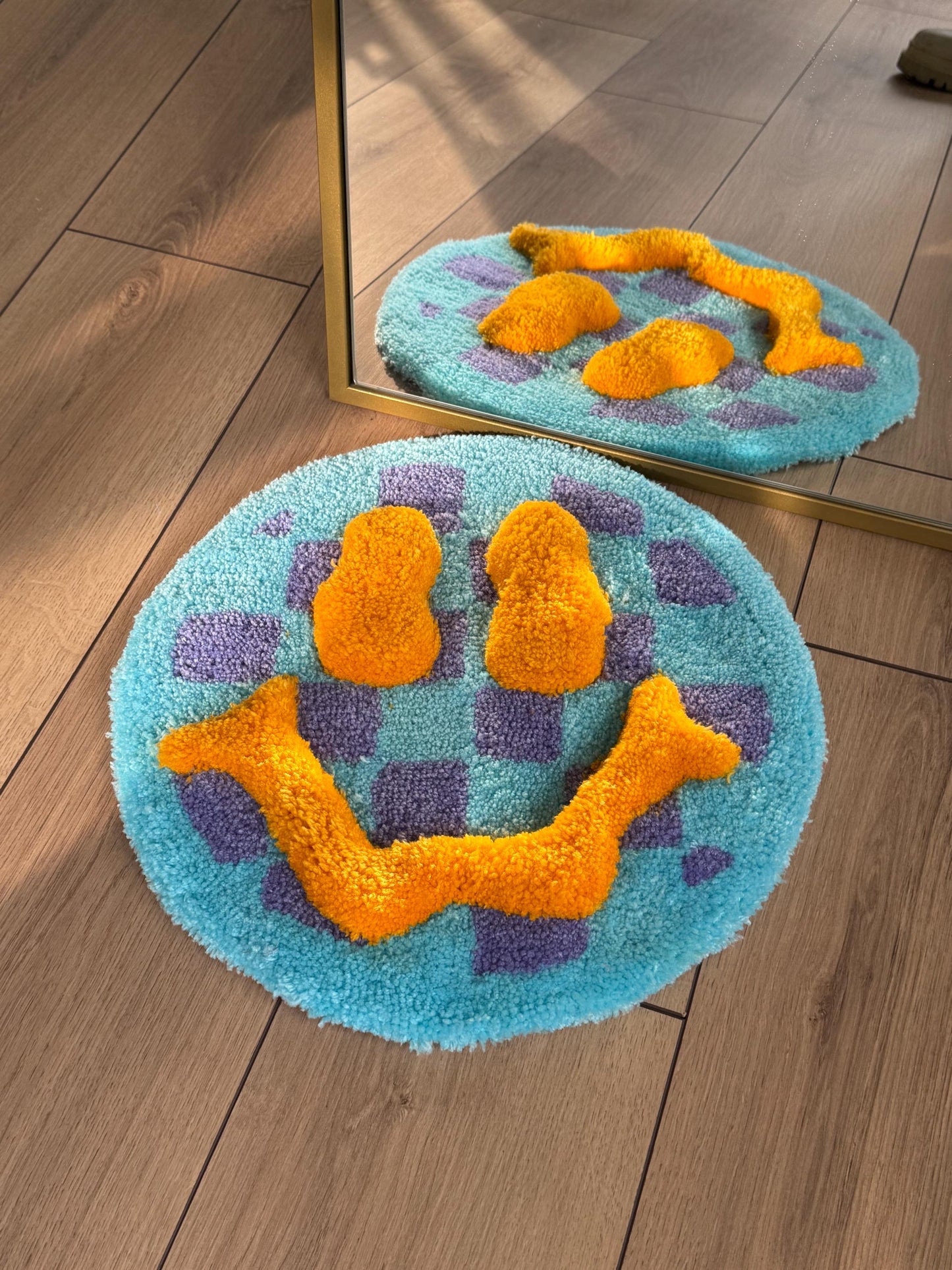 3D Acid Fluffy Checkered Smile Face Tufted Rug, Handmade Tufted Rugs, Tufted Wall Art, Wall Hangings, Tufting Rugs, Custom Rugs