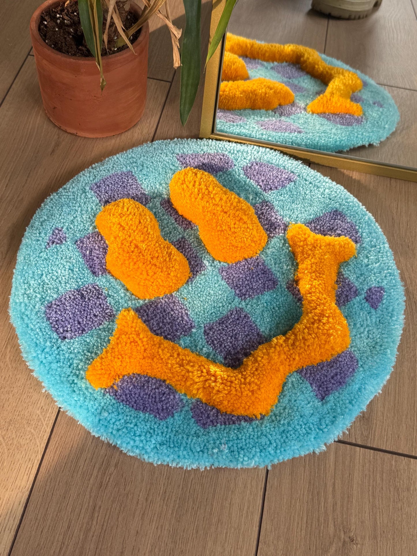 3D Acid Fluffy Checkered Smile Face Tufted Rug, Handmade Tufted Rugs, Tufted Wall Art, Wall Hangings, Tufting Rugs, Custom Rugs