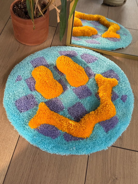 3D Acid Fluffy Checkered Smile Face Tufted Rug, Handmade Tufted Rugs, Tufted Wall Art, Wall Hangings, Tufting Rugs, Custom Rugs