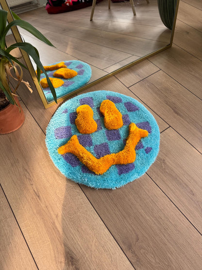 3D Acid Fluffy Checkered Smile Face Tufted Rug, Handmade Tufted Rugs, Tufted Wall Art, Wall Hangings, Tufting Rugs, Custom Rugs