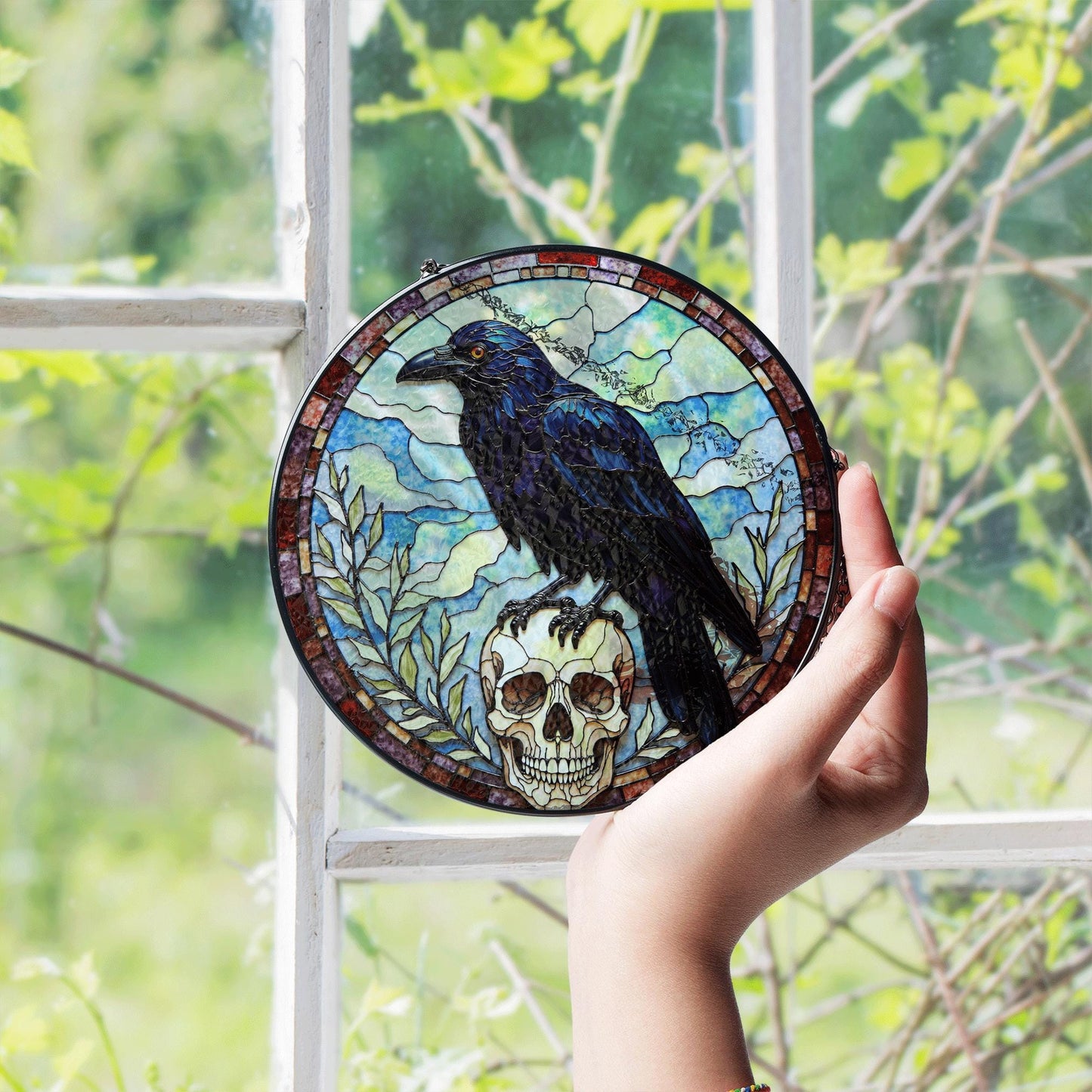 Raven Skull Stained Glass Suncatcher Gothic Window Hanging Gift for Nature Lovers