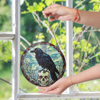 Raven Skull Stained Glass Suncatcher Gothic Window Hanging Gift for Nature Lovers