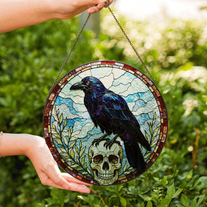 Raven Skull Stained Glass Suncatcher Gothic Window Hanging Gift for Nature Lovers