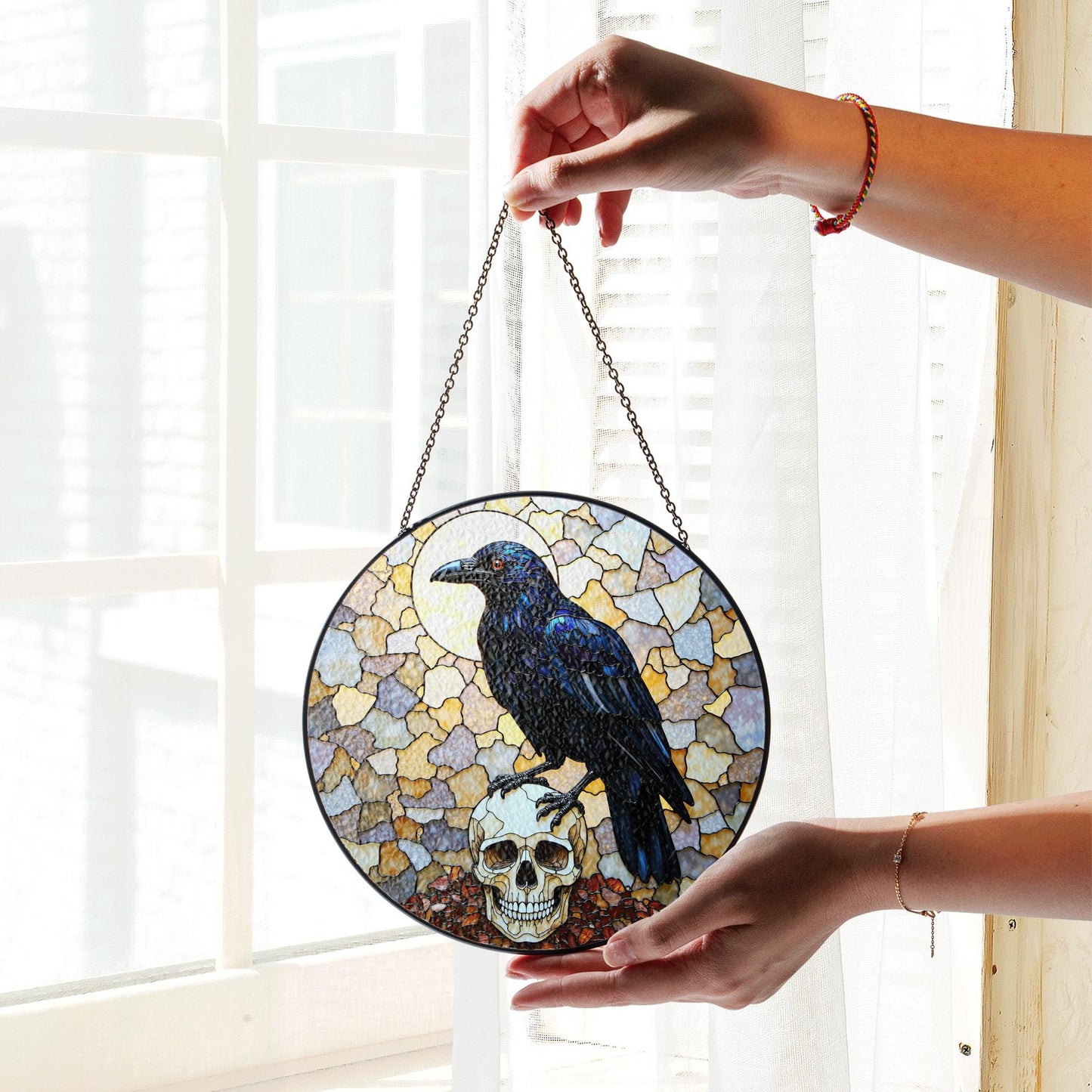 Raven Skull Stained Glass Suncatcher Gothic Decor Halloween Gift