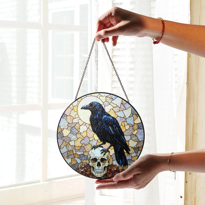 Raven Skull Stained Glass Suncatcher Gothic Decor Halloween Gift