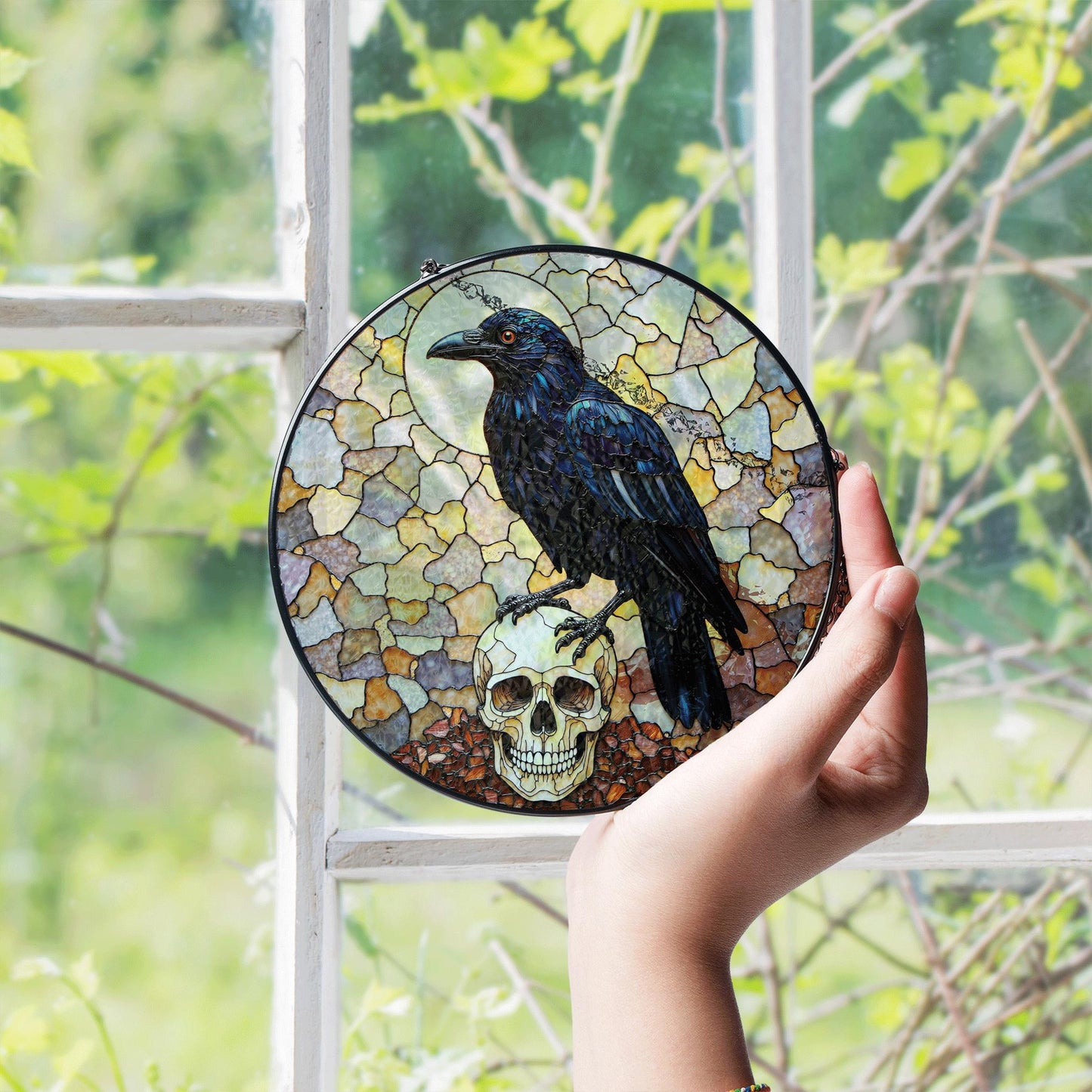 Raven Skull Stained Glass Suncatcher Gothic Decor Halloween Gift