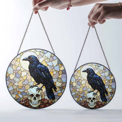 Raven Skull Stained Glass Suncatcher Gothic Decor Halloween Gift