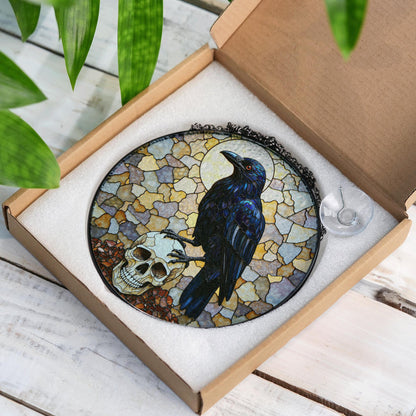 Raven Skull Stained Glass Suncatcher Gothic Decor Halloween Gift