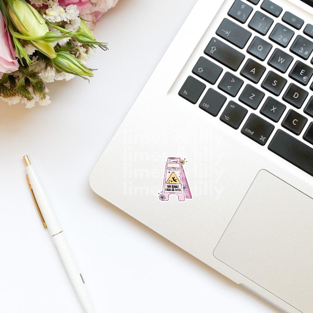 Pink Caution You Might Fall in Love Floor Sign Vinyl Sticker | Book Sticker | Bookish Stickers | Kindle Stickers | Trendy Stickers
