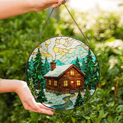 Cozy Cabin Stained Glass Suncatcher Winter Decor Gift for Nature Lovers