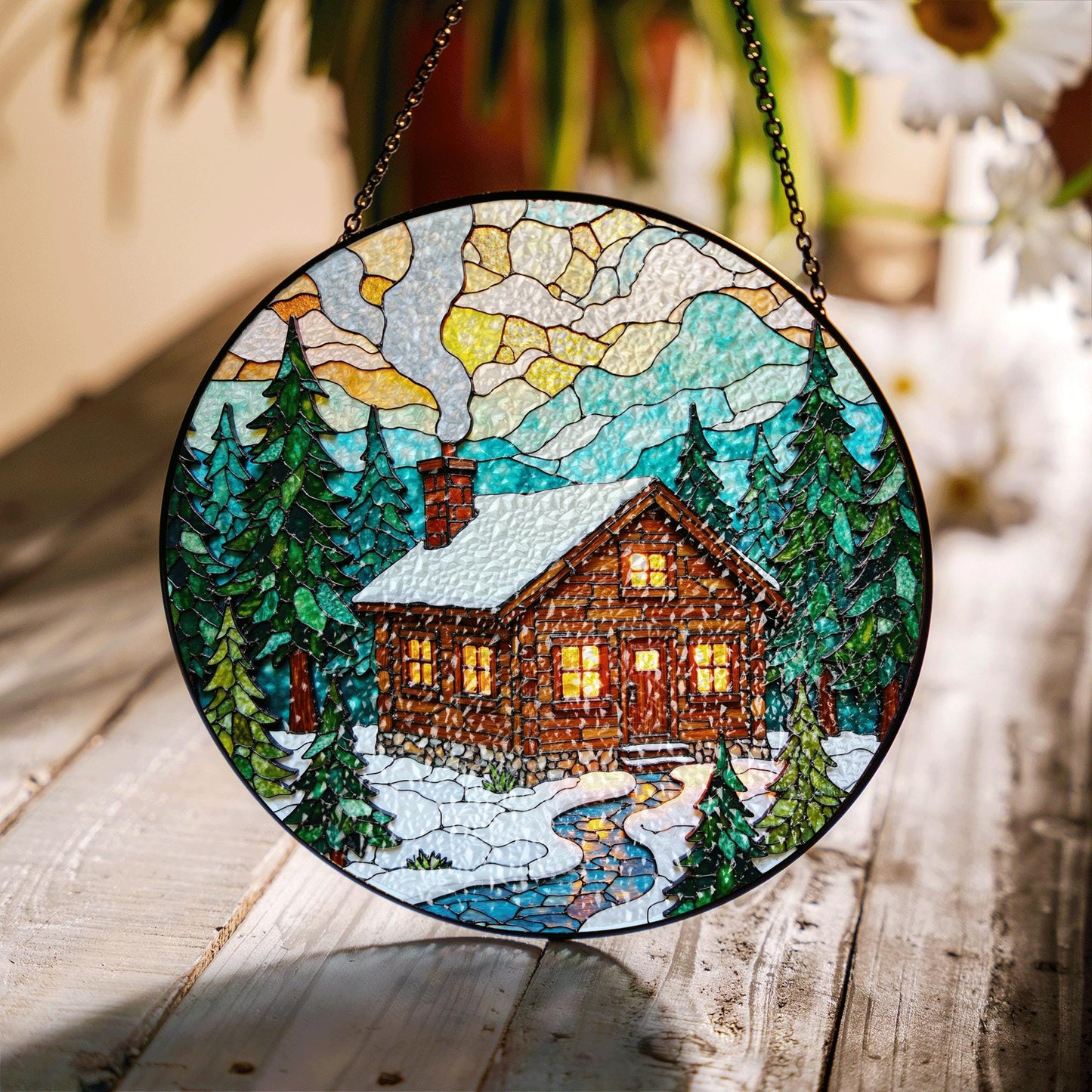 Cozy Cabin Stained Glass Suncatcher Winter Decor Gift for Nature Lovers