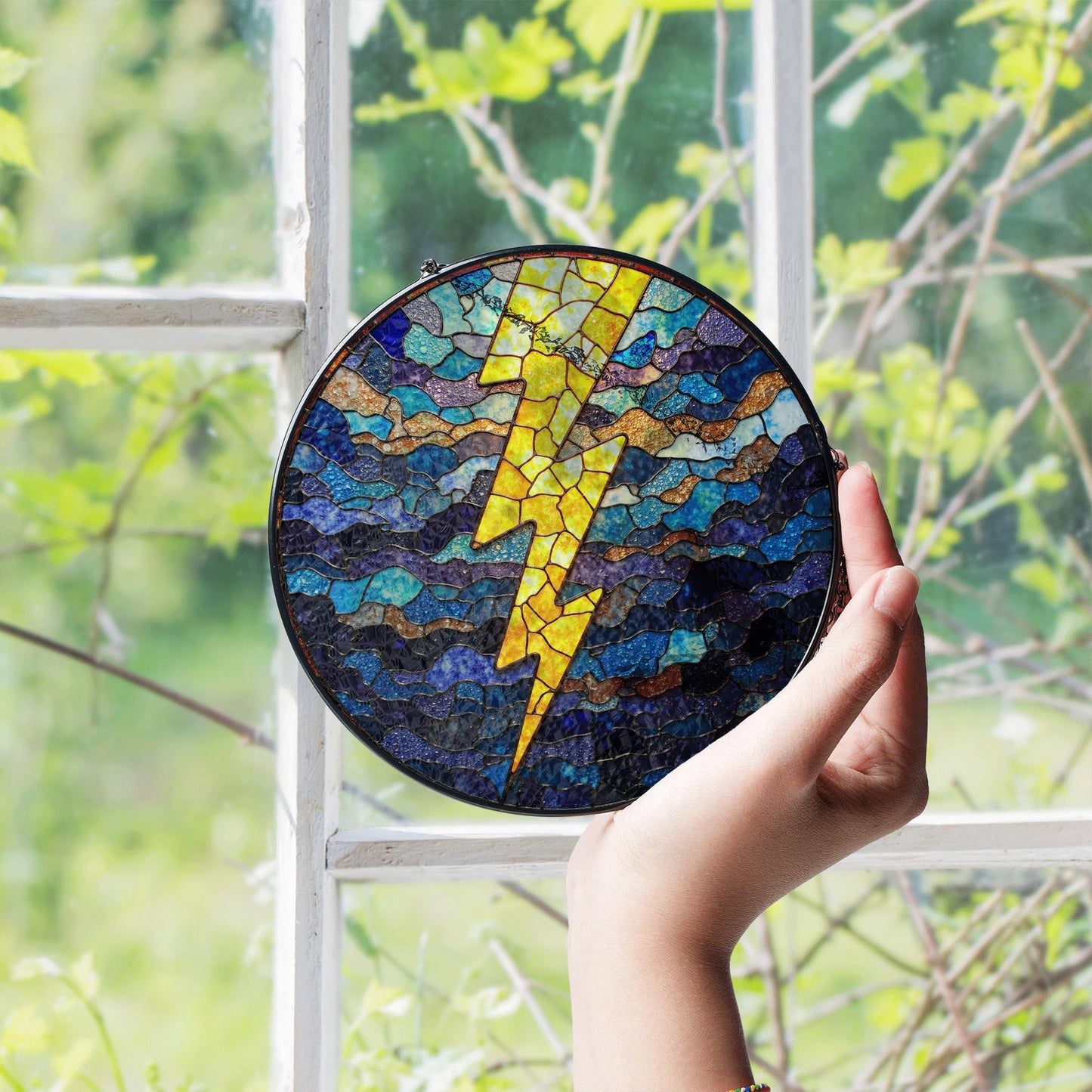Lightning Bolt Stained Glass Suncatcher Window Hanging Gift for Storm Lovers