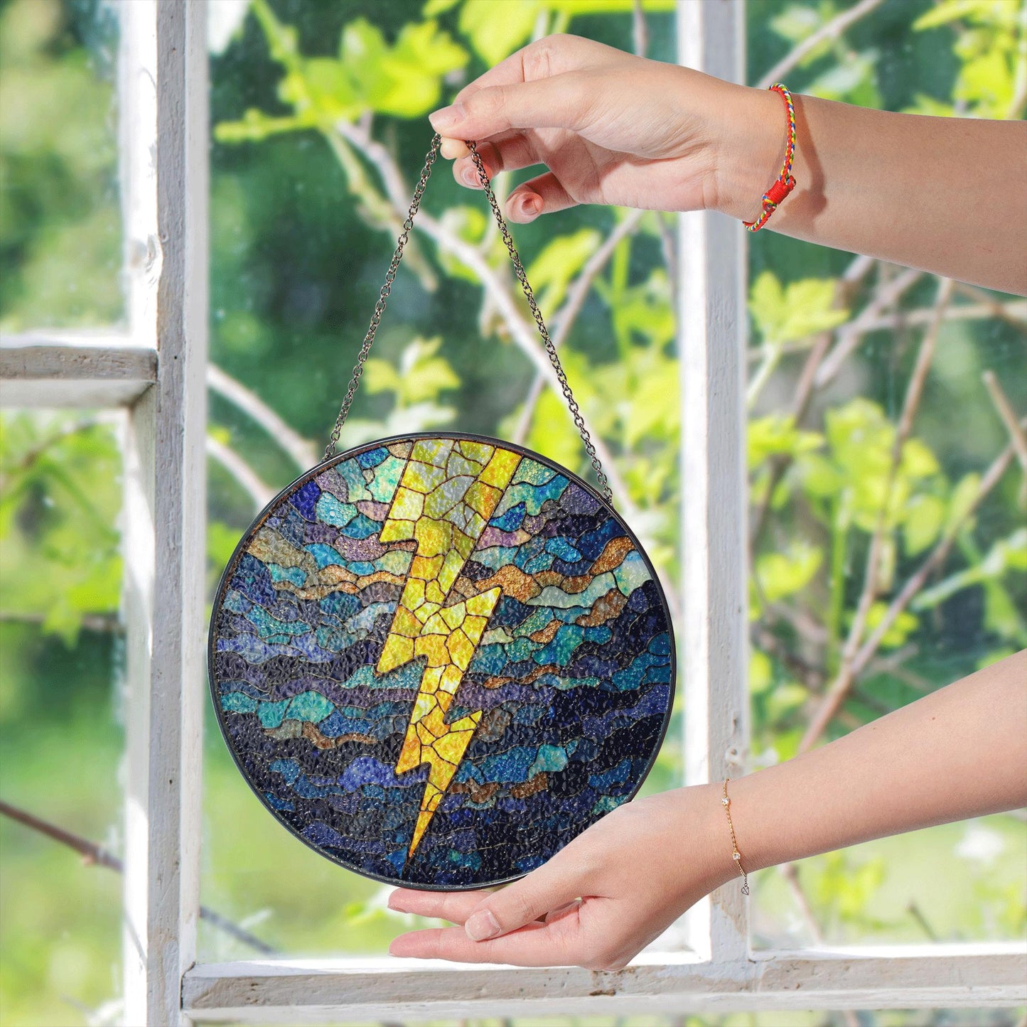 Lightning Bolt Stained Glass Suncatcher Window Hanging Gift for Storm Lovers