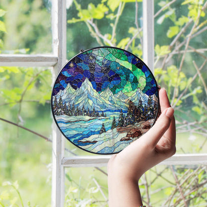 Mountain Landscape Suncatcher Stained Glass Window Hanging Gift for Nature Lovers