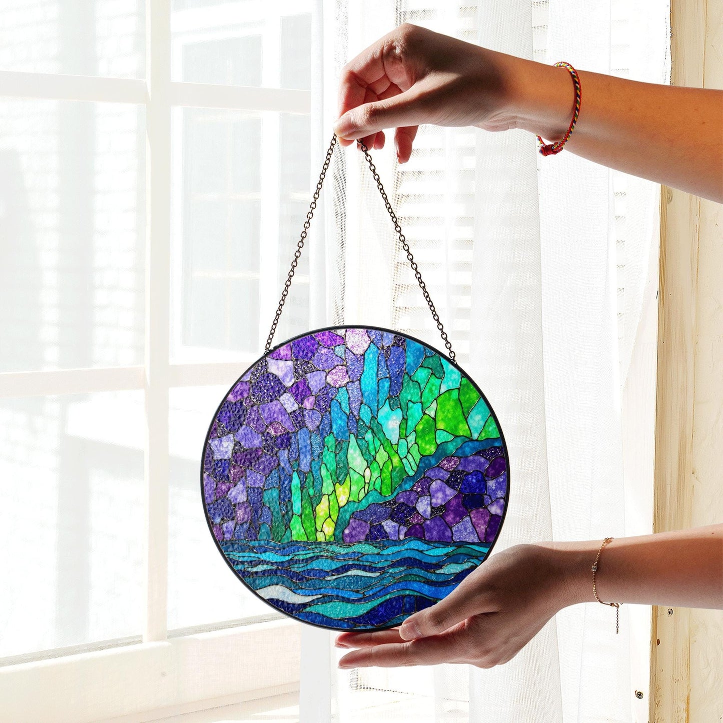Northern Lights Stained Glass Suncatcher Window Decor Gift for Nature Lovers