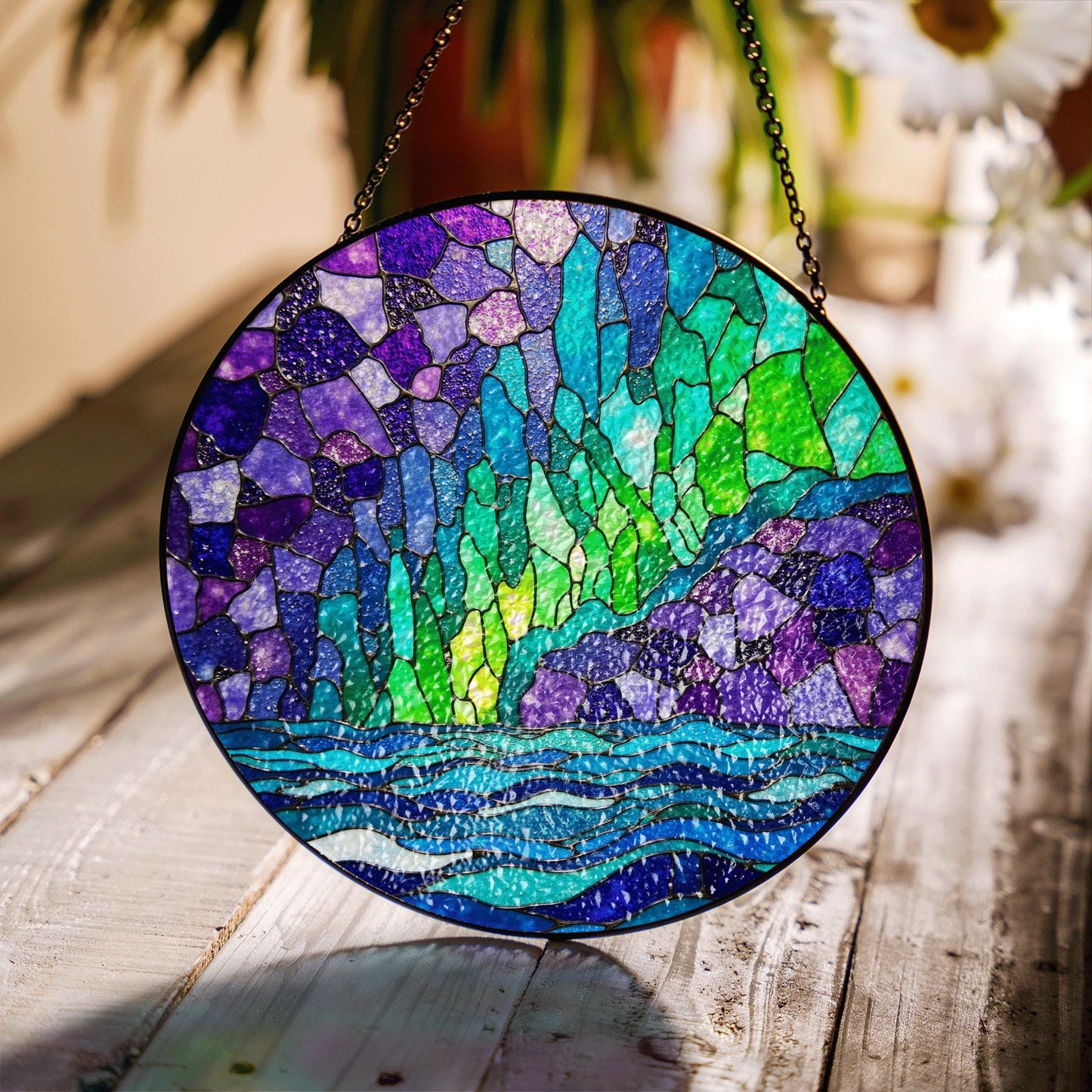 Northern Lights Stained Glass Suncatcher Window Decor Gift for Nature Lovers
