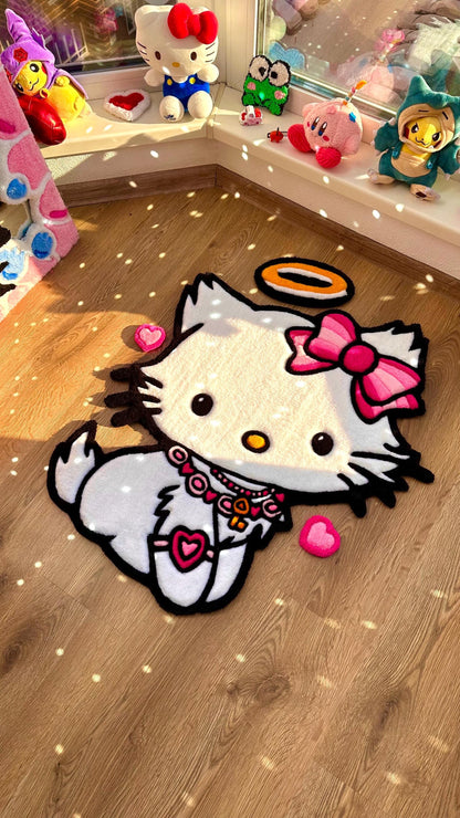 Angel Kitty Puffy Tufted Rug – Custom Handmade 3D Carpet, White Decor, Cute Cloud Rug for Bedroom or Kawaii Gift for Girls