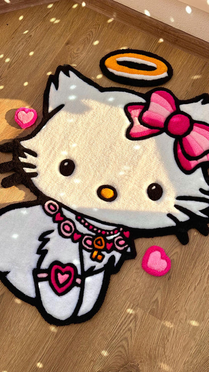Angel Kitty Puffy Tufted Rug – Custom Handmade 3D Carpet, White Decor, Cute Cloud Rug for Bedroom or Kawaii Gift for Girls