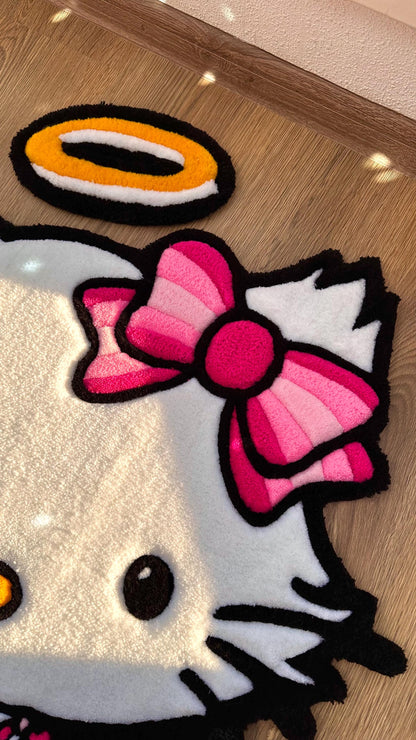 Angel Kitty Puffy Tufted Rug – Custom Handmade 3D Carpet, White Decor, Cute Cloud Rug for Bedroom or Kawaii Gift for Girls