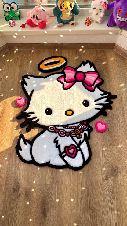Angel Kitty Puffy Tufted Rug – Custom Handmade 3D Carpet, White Decor, Cute Cloud Rug for Bedroom or Kawaii Gift for Girls
