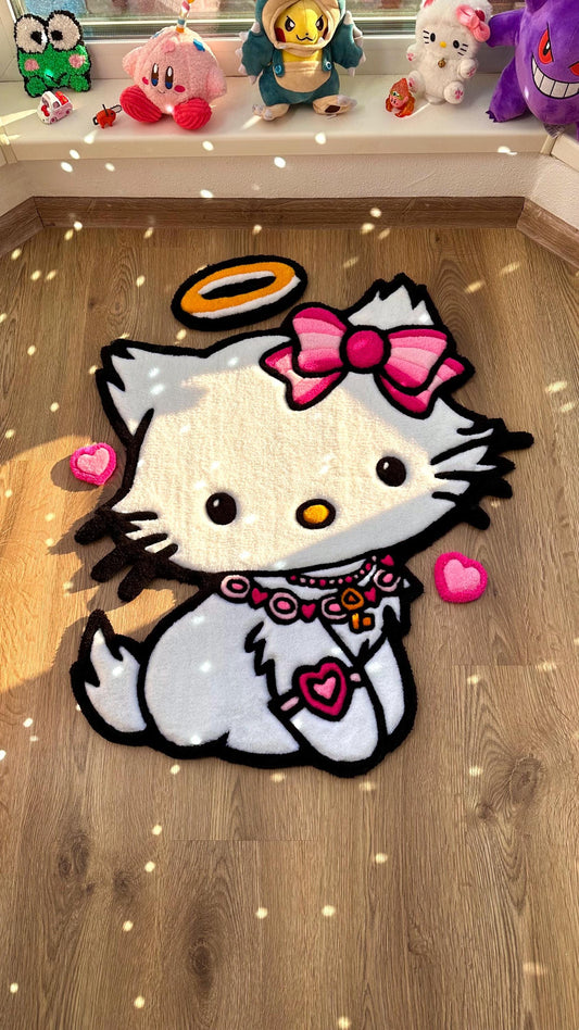 Angel Kitty Puffy Tufted Rug – Custom Handmade 3D Carpet, White Decor, Cute Cloud Rug for Bedroom or Kawaii Gift for Girls