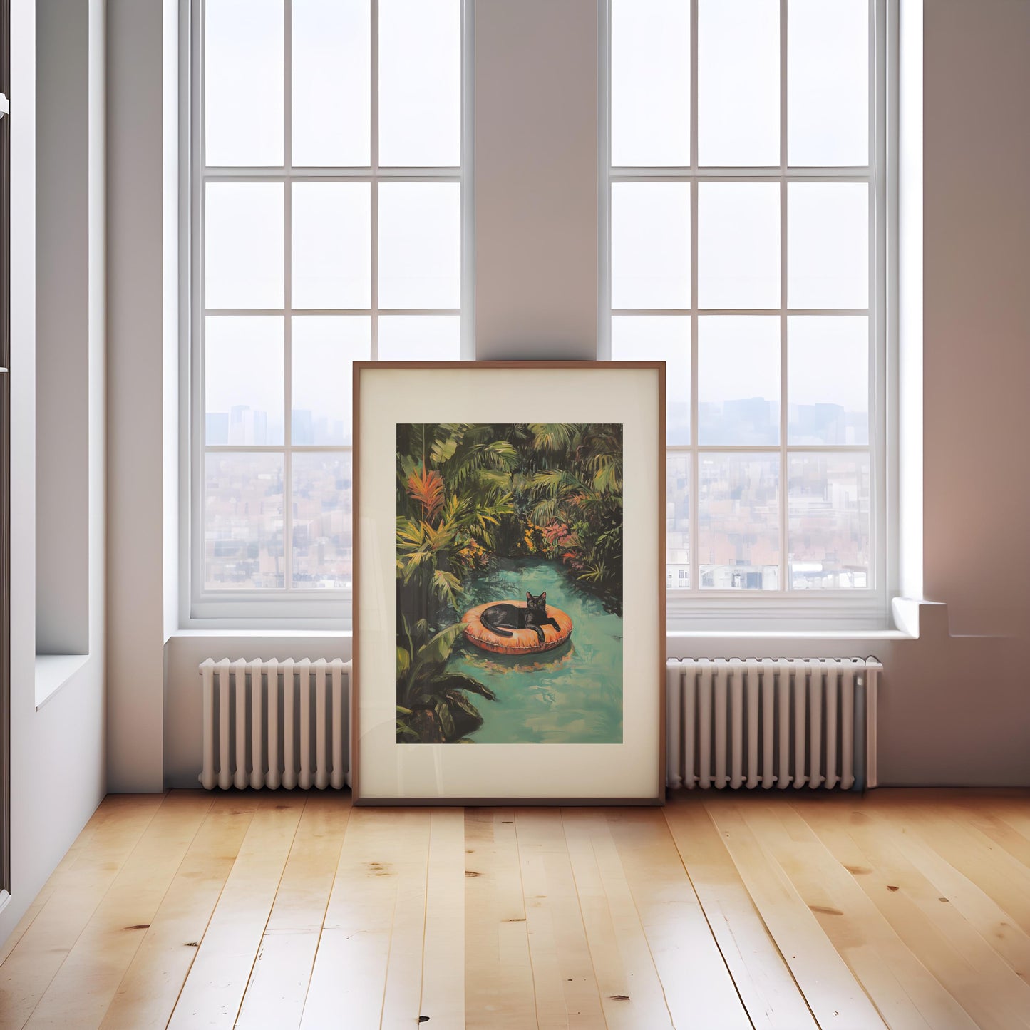Black Cat Art Print: Tropical Pool, Quirky Home Decor