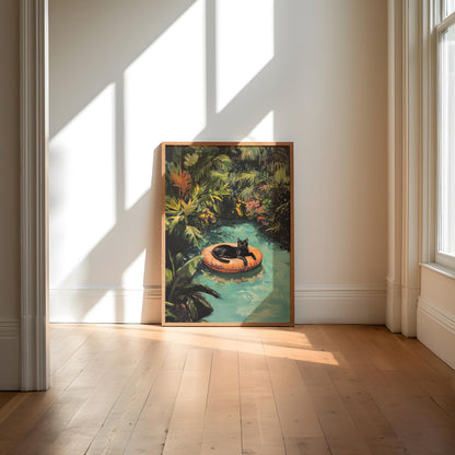 Black Cat Art Print: Tropical Pool, Quirky Home Decor